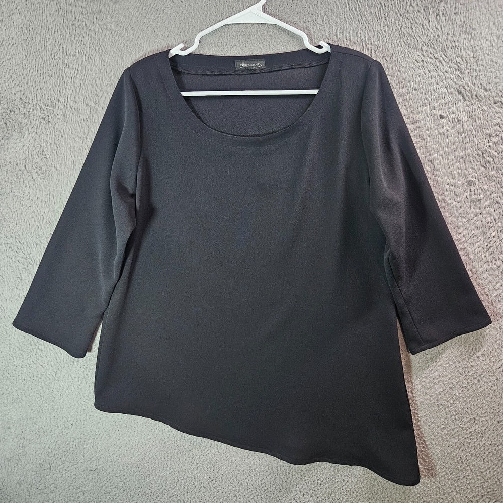 NEW Allie Coosh Tunic Top Blouse Women Medium Asymmetrical Hem Black Work Simple